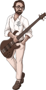 Illustration of Mike holding a bass; illustrated by Robin Sevakis - https://jadedsketch.com